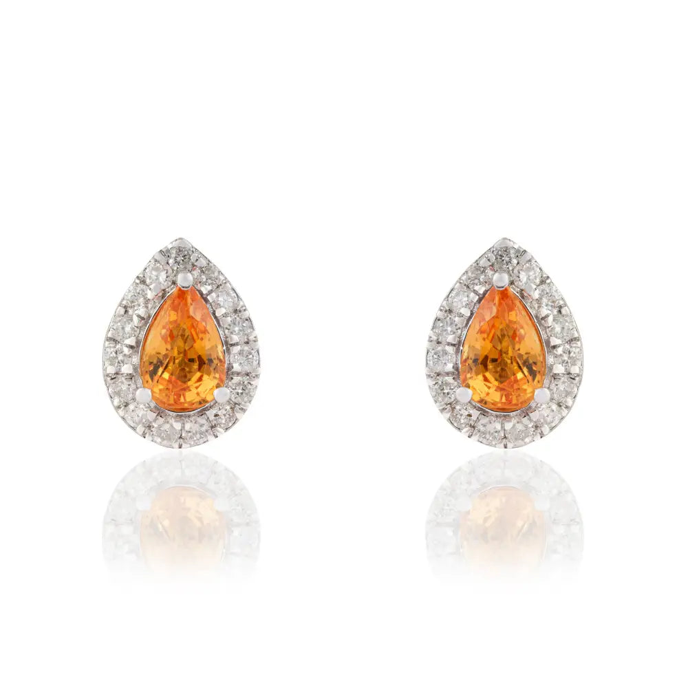 Solid K14 White Gold Yellow Sapphire & Diamond Fine Halo Stud Earrings Handmade Jewelry