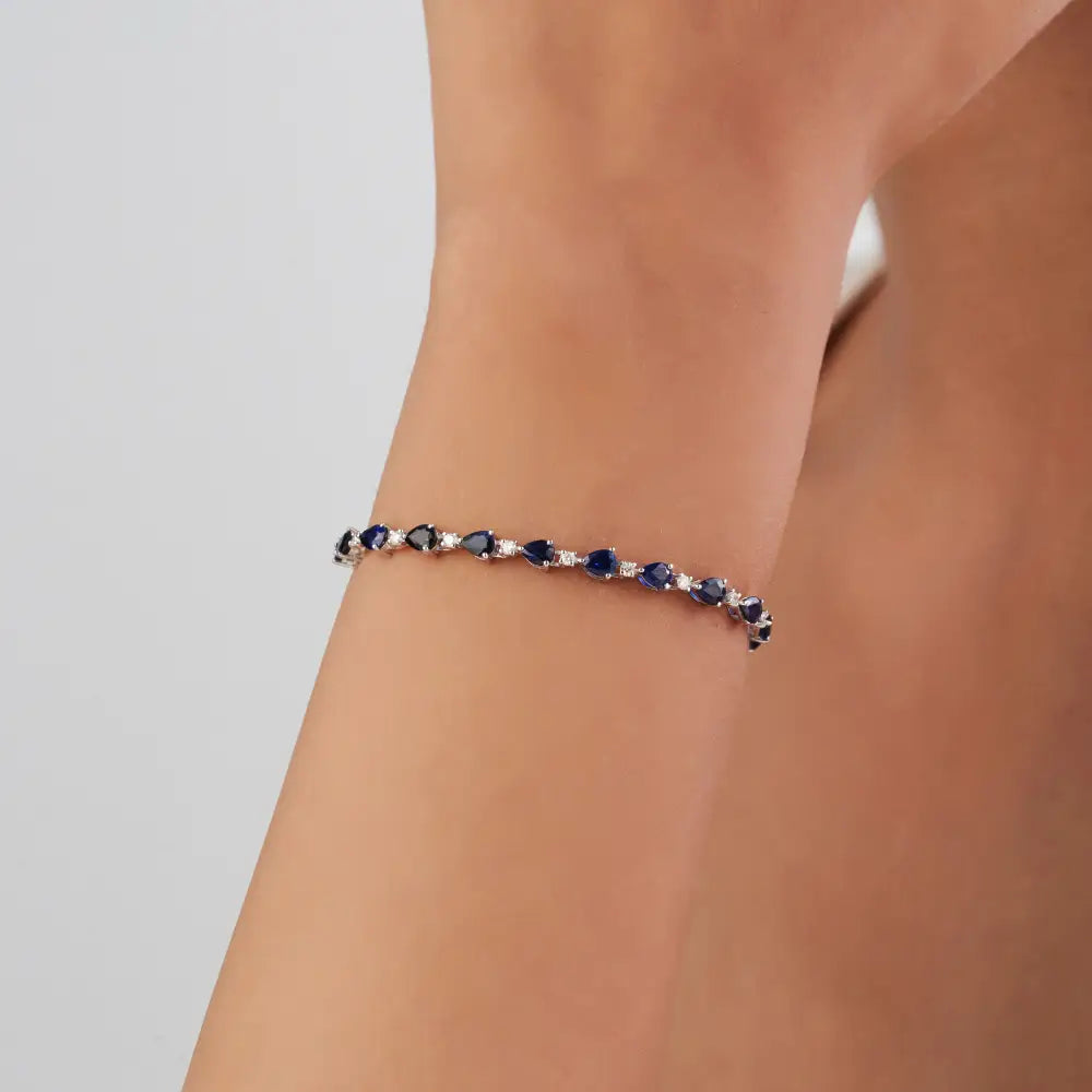 Elegant Classic Style Blue Sapphire & Diamond Stacking Tennis Bracelet Solid K14 White Gold