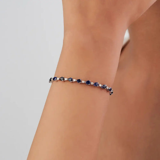 Elegant Classic Style Blue Sapphire & Diamond Stacking Tennis Bracelet Solid K14 White Gold