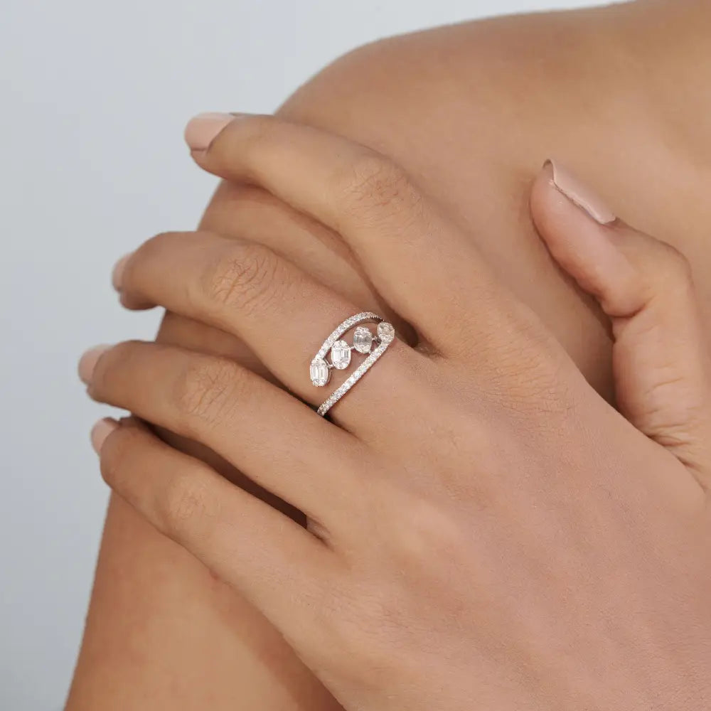 Handmade Fine Natural Diamond 18K White Gold Bypass Style Statement Ring Custom Jewelry