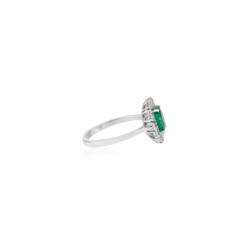 Newly Design 14K Real White Gold Emerald & Diamond Cluster Ring Fine Gemstone Jewelry
