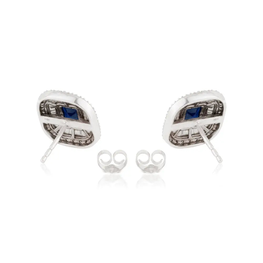Gorgeous Blue Sapphire & Diamond Double Cluster Stud Earrings 14K Solid White Gold Jewelry