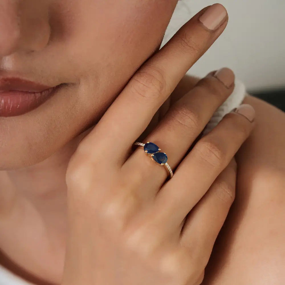 Elegant Design Blue Sapphire & Diamond Stacking Gemstone Ring 14K Yellow Gold Trendy Jewelry