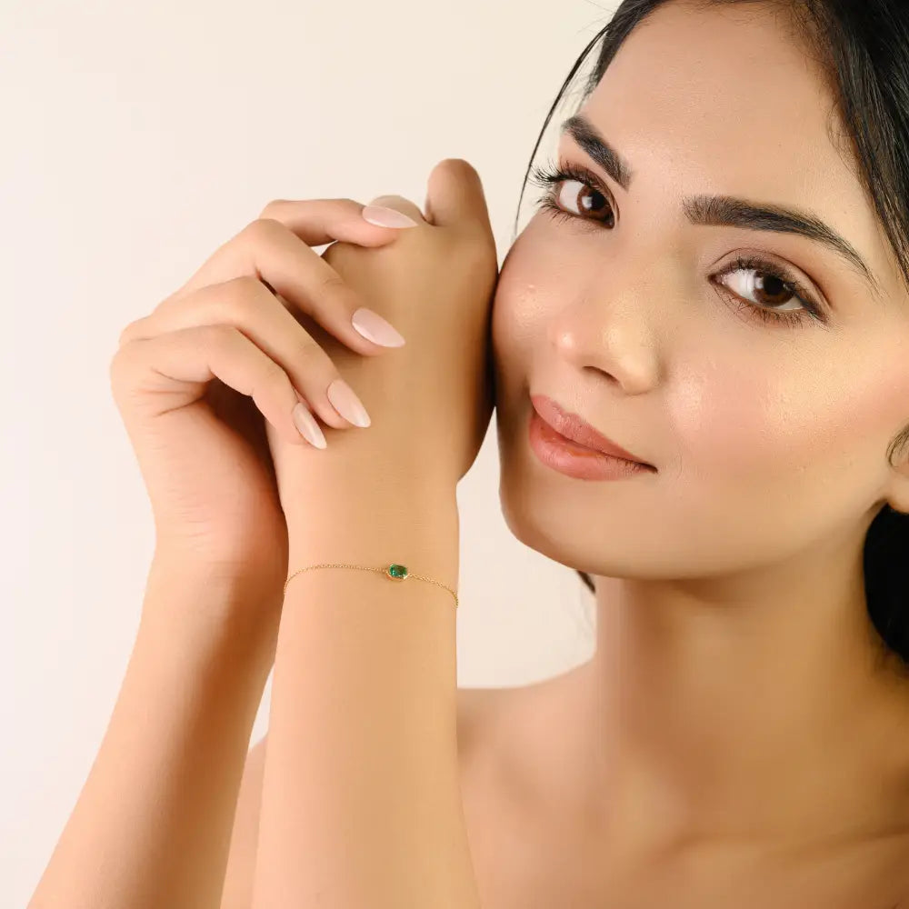 100% Natural Zambian Emerald Single Stone Stacking Bracelet For Daily Wear 14K Real Gold