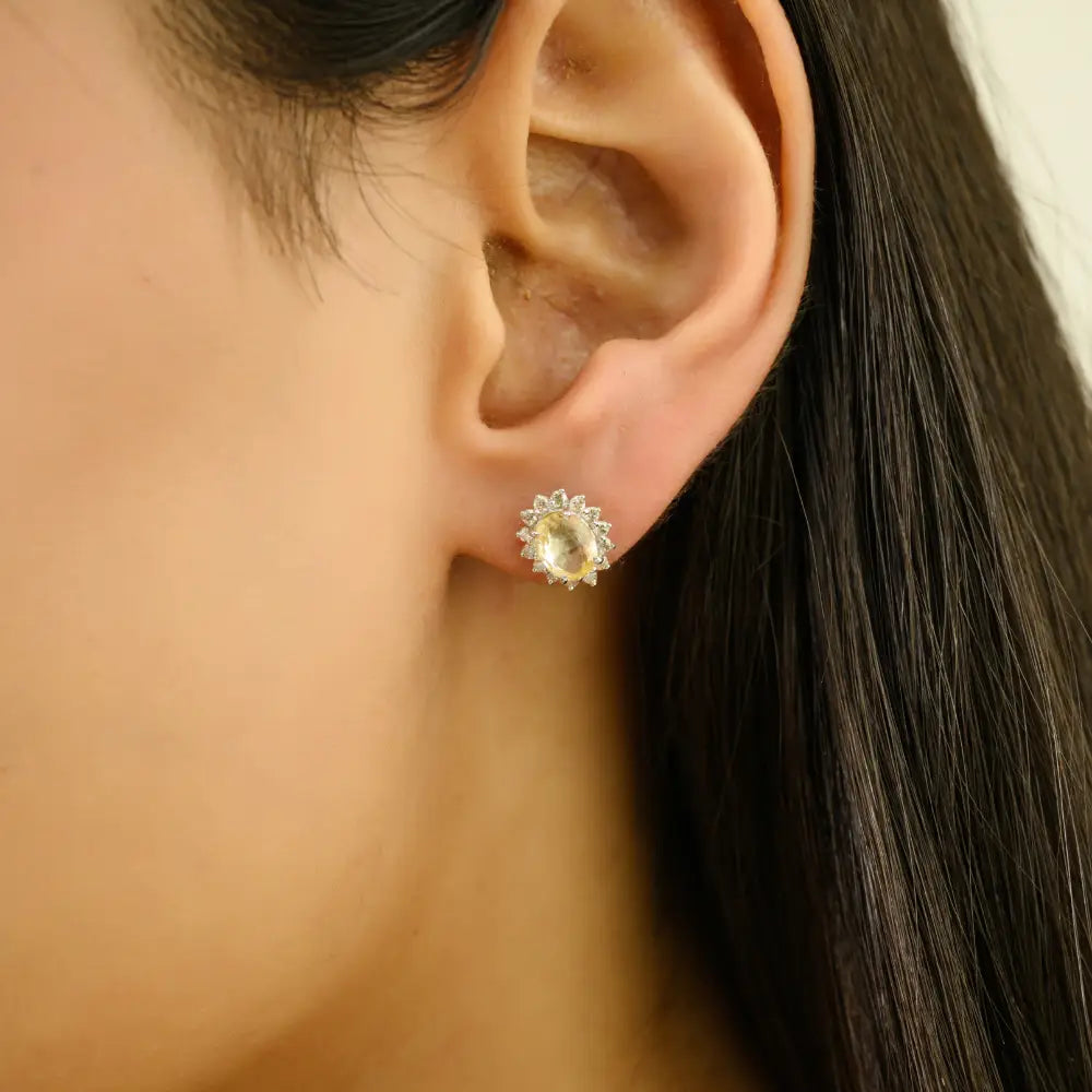 14K Real White Gold Yellow Sapphire & Diamond Women Cluster Stud Earrings Fine Jewelry