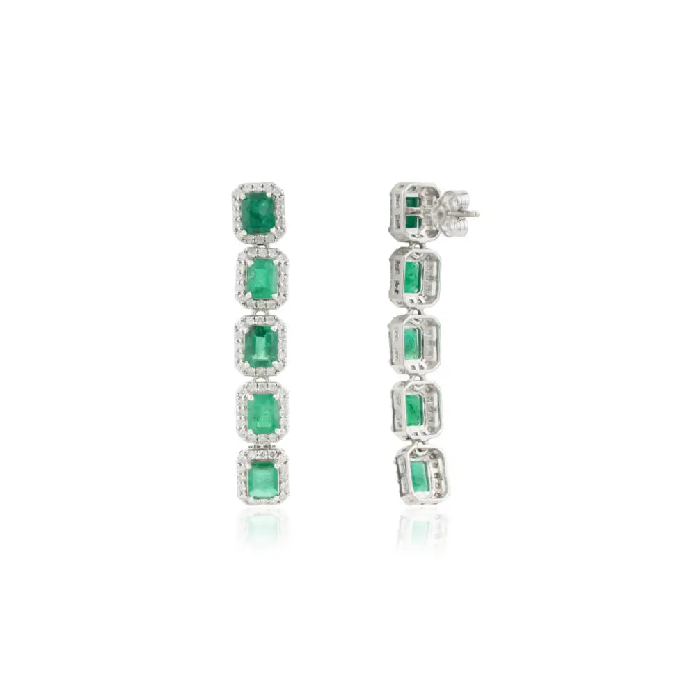 5x4 mm Emerald & Diamond Halo Statement Dangle Earrings 14K Pure White Gold Jewelry