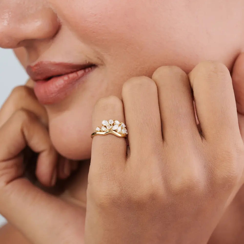 100% Natural Diamond K14 Yellow Gold Wavy Band Pinky Ring Unique Minimal Bulk Jewelry