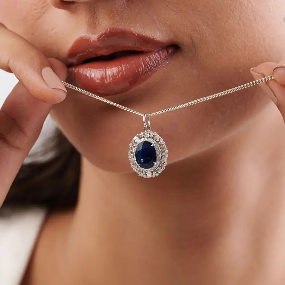 Fine Customized Solid K14 White Gold Blue Sapphire & Diamond Cluster Pendant For Wedding