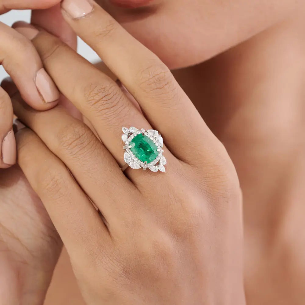 Vintage Inspired 18K Real White Gold Emerald & Diamond Statement Ring For Bridal Jewelry