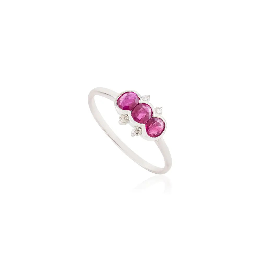 Minimal Elegant Ruby & Diamond 14K Real White Gold Three Stone Ring Women Gift Jewelry