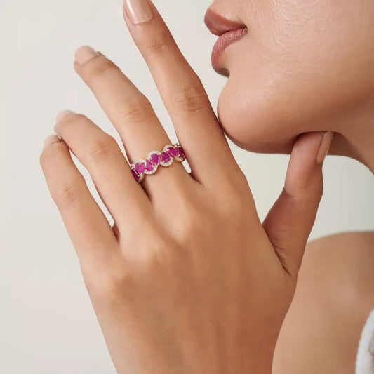 Wave Design Half Eternity Band Ring Featuring Real Ruby & Diamond 14K Solid Gold Jewelry
