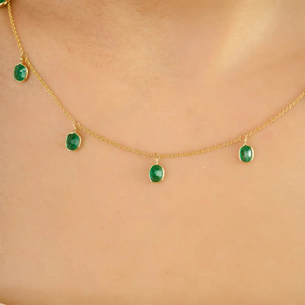 Precious Gemstone Fine 14K Yellow Gold Emerald Charm Necklace Light Weight Jewelry
