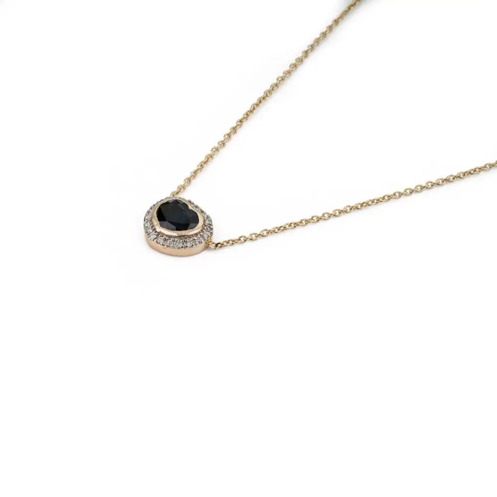 14K Yellow Gold Heart Shape Blue Sapphire & Diamond Halo Pendant Necklace Gift For Her