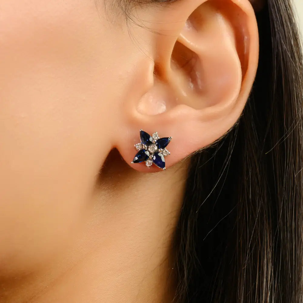 Unique Design 14K White Gold Blue Sapphire & Diamond Flower Stud Earrings For Women