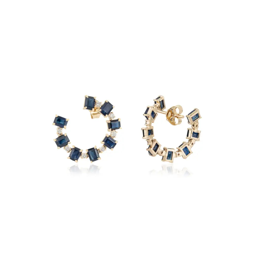 100% Natural Blue Sapphire & Diamond 14K Pure Yellow Gold Open Hoop Push Back Earrings