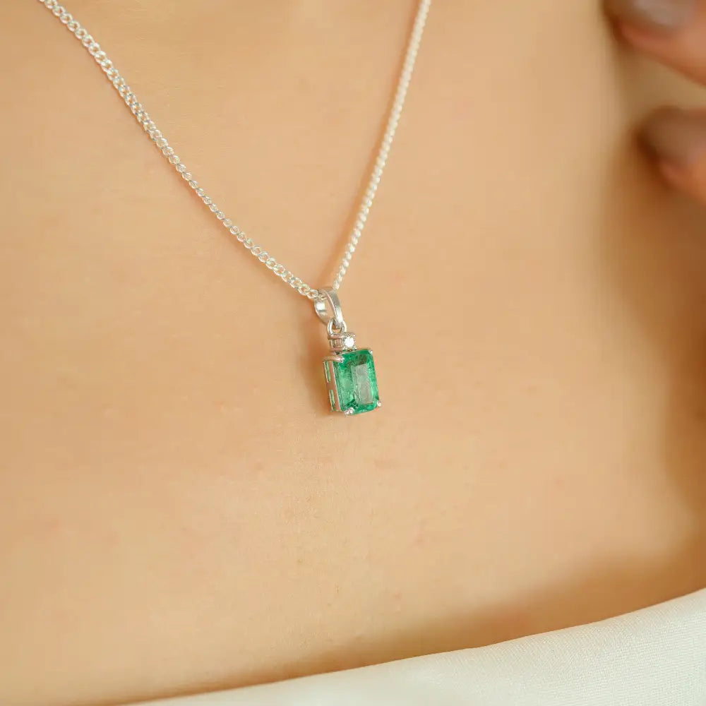 Real 14K White Gold 5x7mm Octagon Cut Emerald & Diamond Minimal Pendant For Unisex