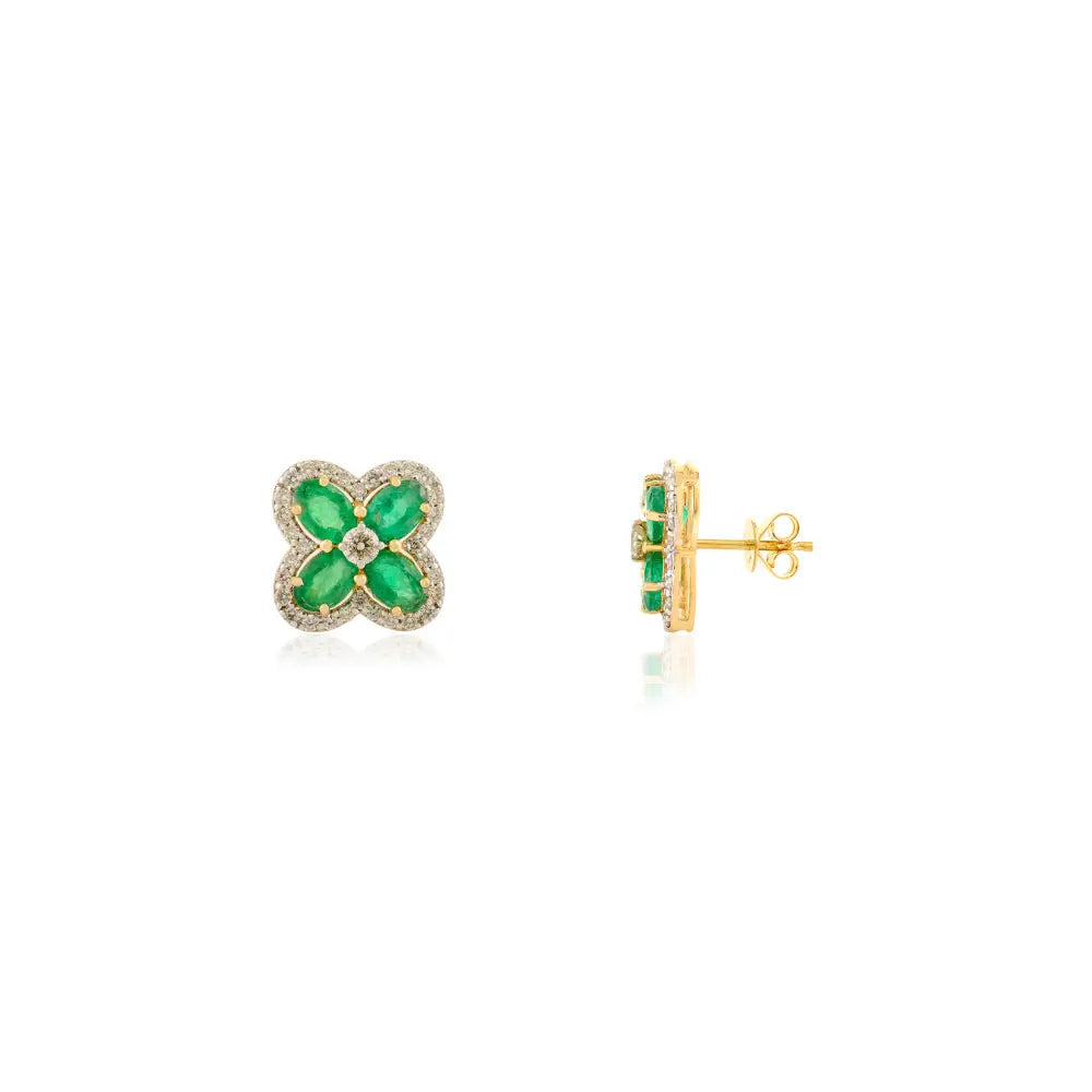 Emerald & Diamond Clover Shape Big Stud Earrings May Birthstone K18 Real Yellow Gold Jewelry