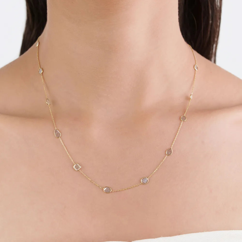 Uneven Cut Natural Polki Diamond K14 Yellow Gold Station Necklace Fine Everyday Jewelry Manufacturer