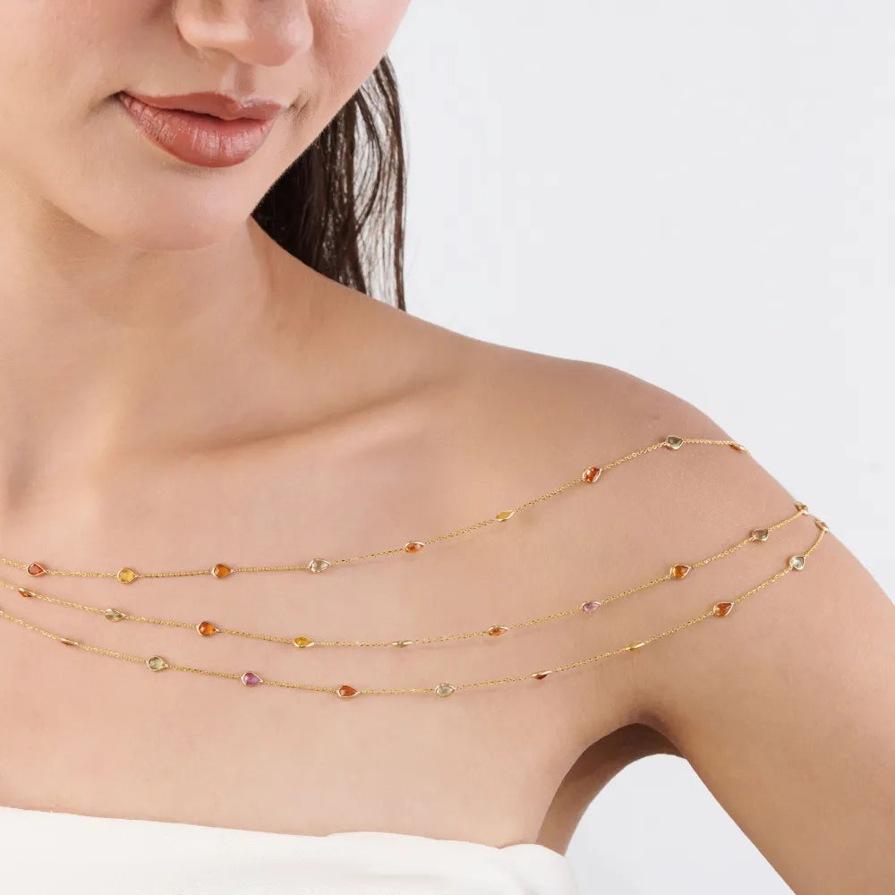 Colorful Gemstone Multi Sapphire Solid K18 Yellow Gold Triple Layer Station Chain Necklace Wedding Jewelry