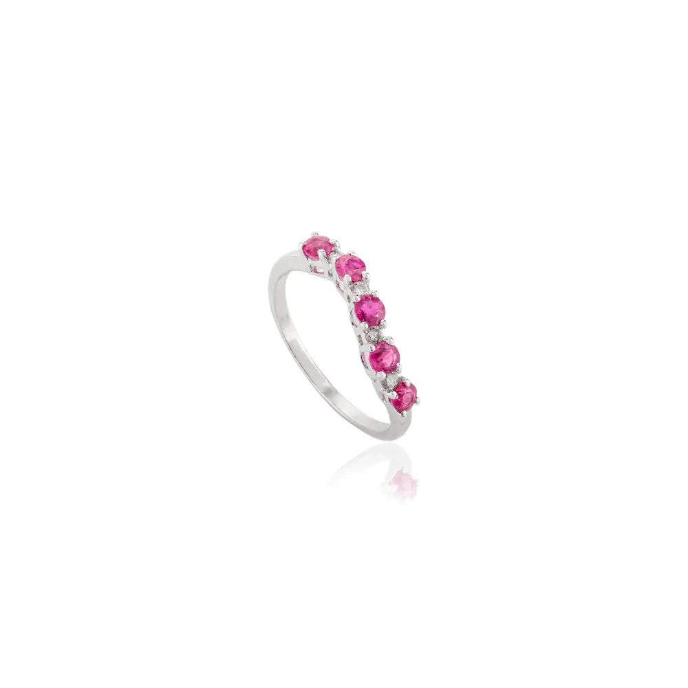 14K White Gold Precious Gemstone Ruby & Diamond Curved Band Ring