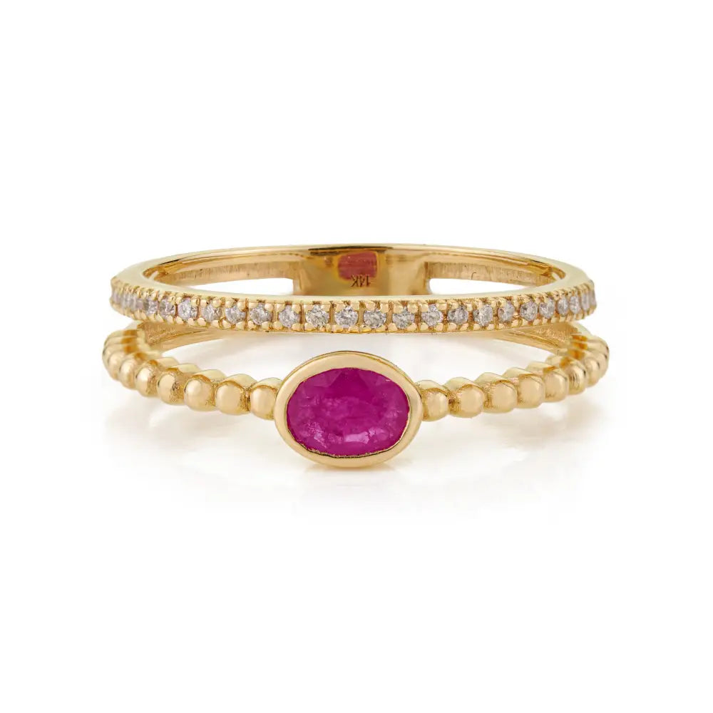Genuine Ruby & Diamond K14 Real Yellow Gold Double Band Ring Wedding Women Jewelry