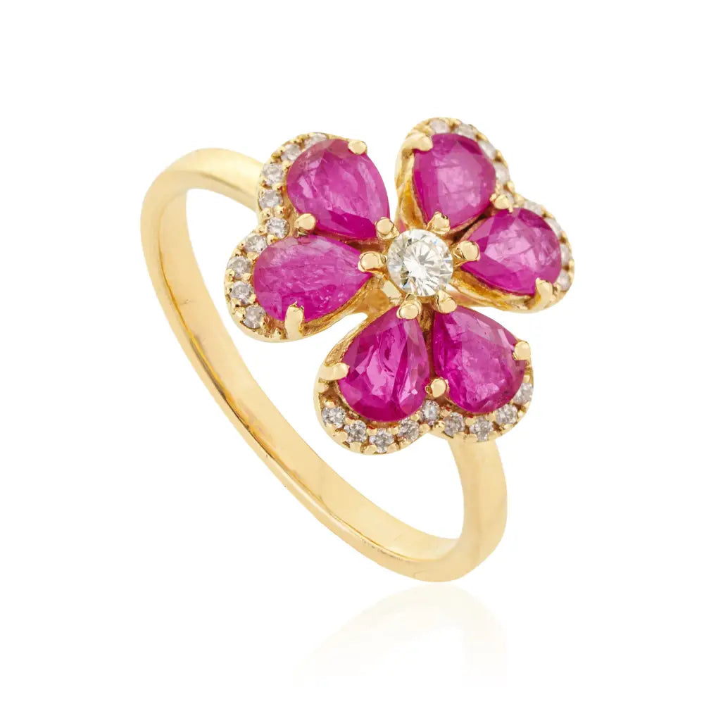 Luxury Ruby & Diamond Flower Shape Cocktail Ring For Wedding Solid 14K Yellow Gold Jewelry