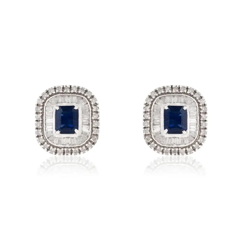 Gorgeous Blue Sapphire & Diamond Double Cluster Stud Earrings 14K Solid White Gold Jewelry
