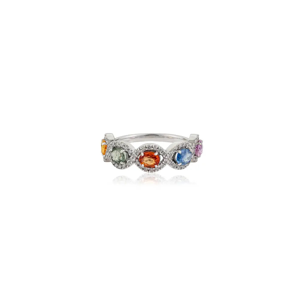 Trendy Design Multi Sapphire & Diamond K14 Real White Gold Halo Half Eternity Band Ring