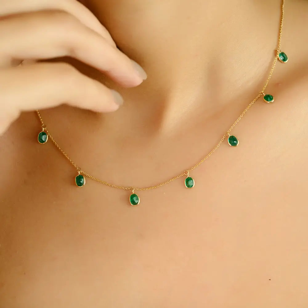Precious Gemstone Fine 14K Yellow Gold Emerald Charm Necklace Light Weight Jewelry
