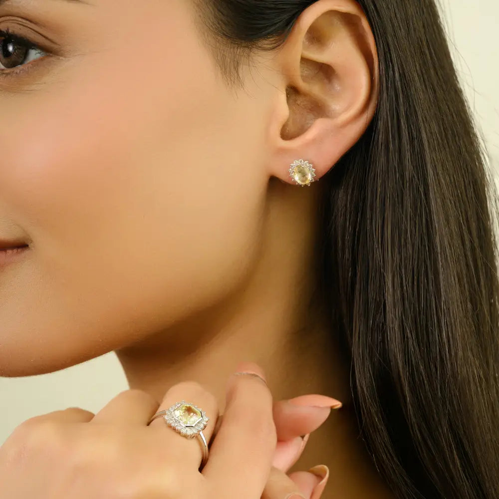 14K Real White Gold Yellow Sapphire & Diamond Women Cluster Stud Earrings Fine Jewelry