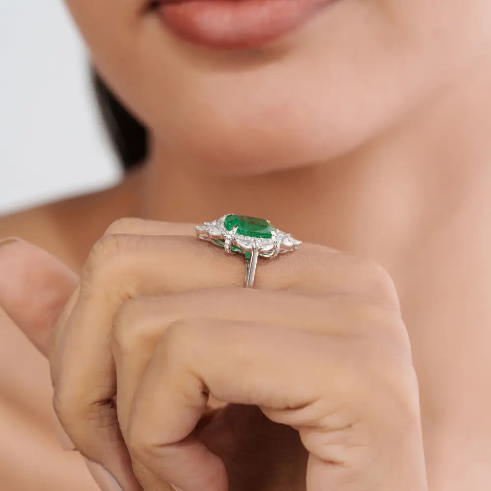 Vintage Inspired 18K Real White Gold Emerald & Diamond Statement Ring For Bridal Jewelry