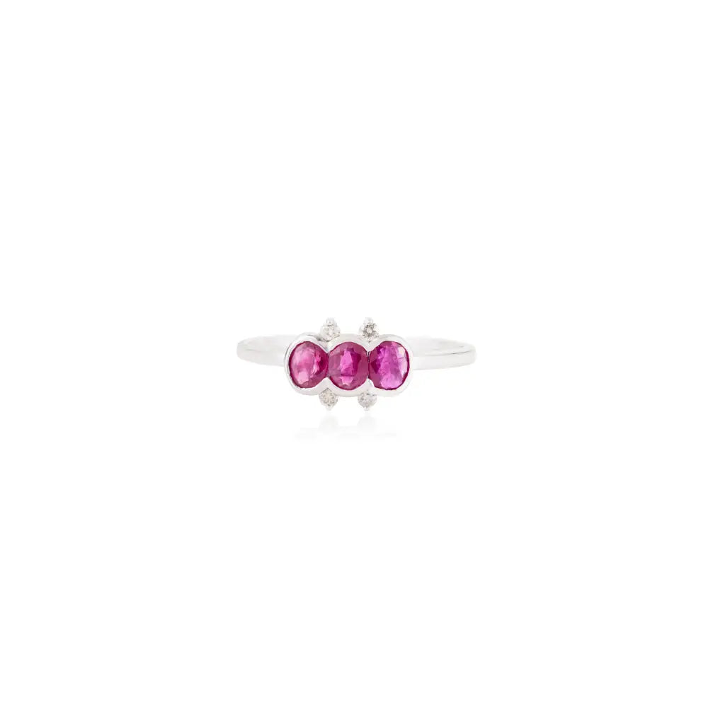 Minimal Elegant Ruby & Diamond 14K Real White Gold Three Stone Ring Women Gift Jewelry