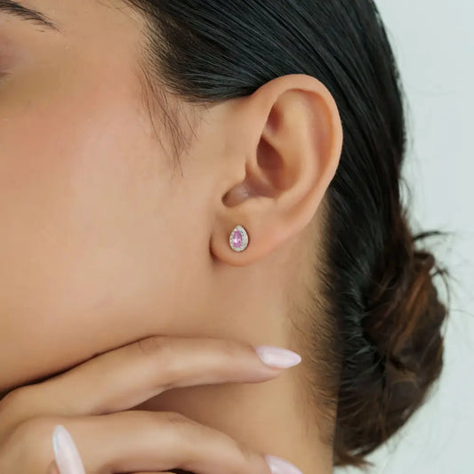 Newly Pink Sapphire & Diamond Solid K18 White Gold Small Halo Stud Earrings Fine Jewelry