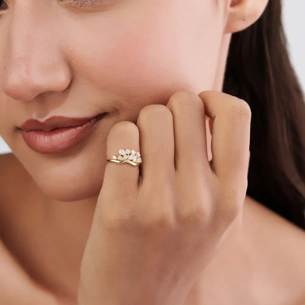100% Natural Diamond K14 Yellow Gold Wavy Band Pinky Ring Unique Minimal Bulk Jewelry