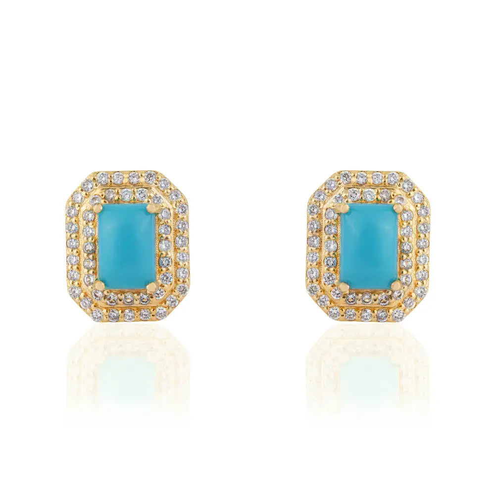 14K Yellow Gold Turquoise & Diamond Double Cluster Stud Earrings For Women Fine Jewelry