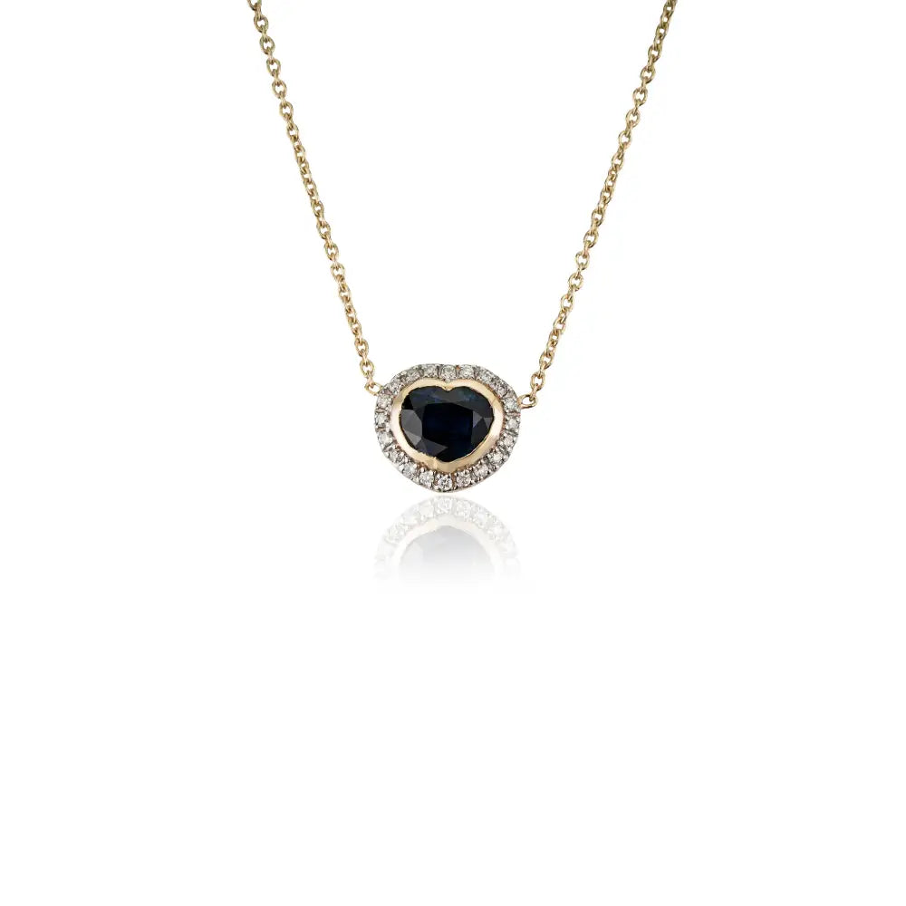 14K Yellow Gold Heart Shape Blue Sapphire & Diamond Halo Pendant Necklace Gift For Her