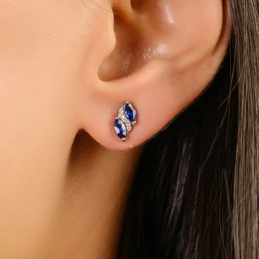 September Birthstone Blue Sapphire & Diamond Minimal Stud Earrings 14K Solid Gold Jewelry