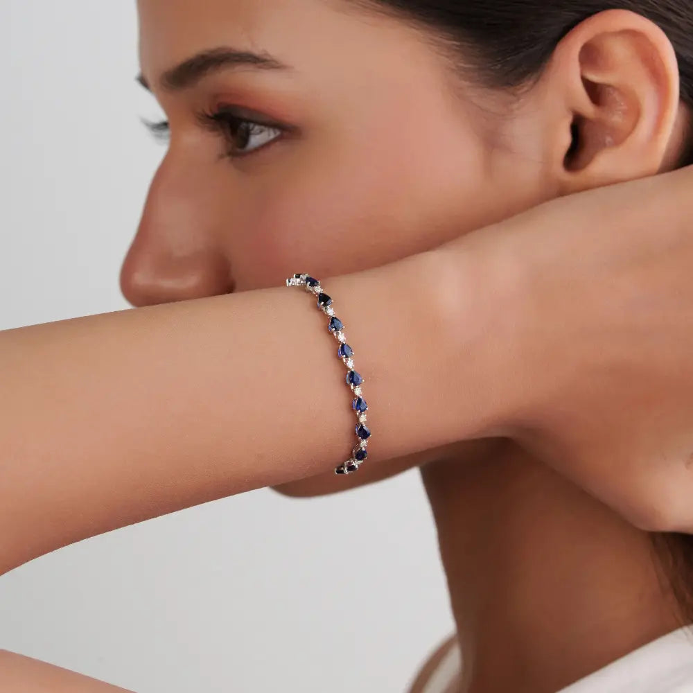 Elegant Classic Style Blue Sapphire & Diamond Stacking Tennis Bracelet Solid K14 White Gold