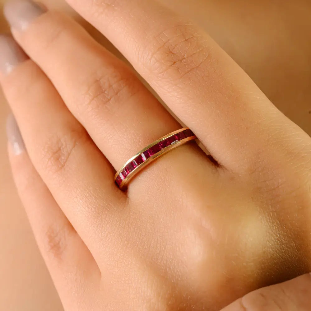 Channel Set Genuine Ruby Half Eternity Band Ring 14K Yellow Gold Stackable Handmade Jewelry