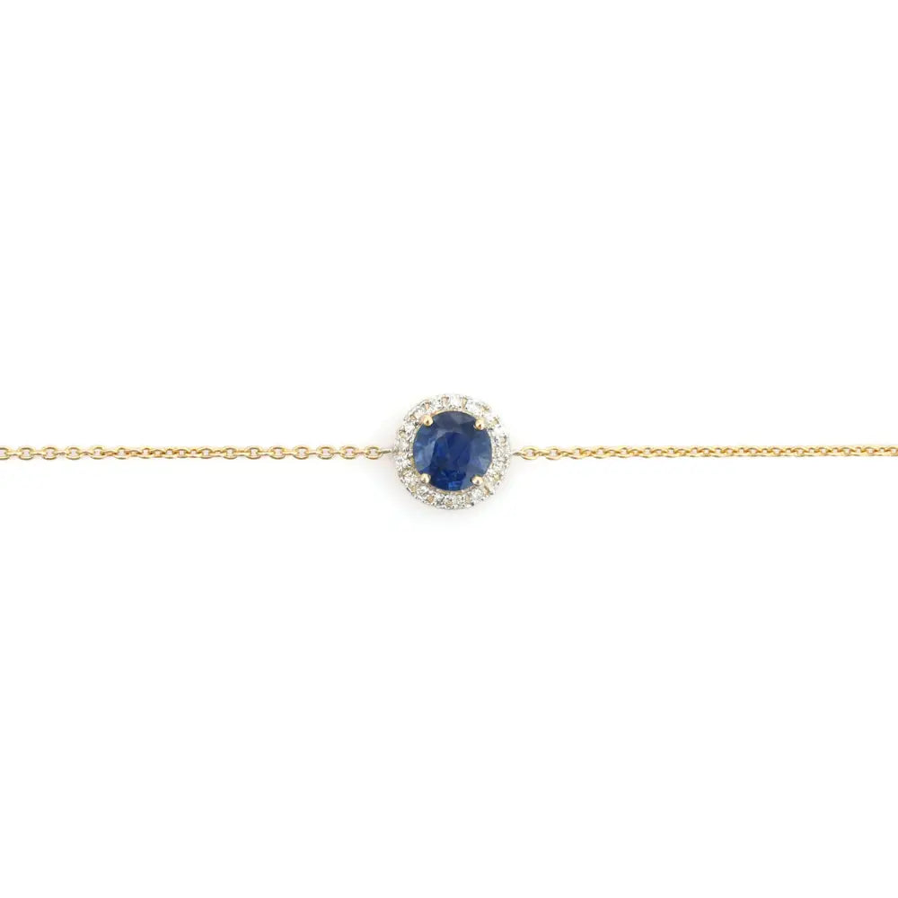 Precious Gemstone Round Cut Blue Sapphire & Diamond Halo Single Stone Bracelet 14K Gold