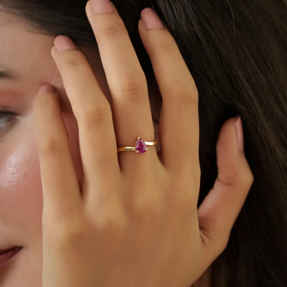Pear Shape Ruby Single Stone Ring Solid K14 Yellow Gold Customized Elegant Jewelry