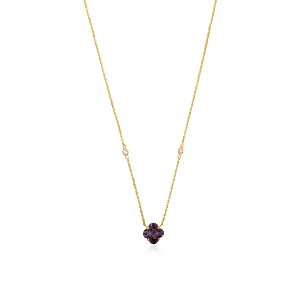 Clover Shape Amethyst & Round Cut Diamond Minimal Stacking Pendant Necklace K14 Gold