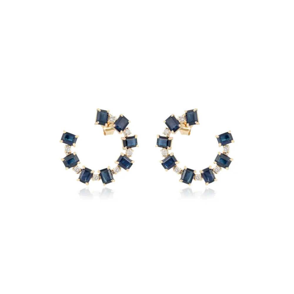 100% Natural Blue Sapphire & Diamond 14K Pure Yellow Gold Open Hoop Push Back Earrings