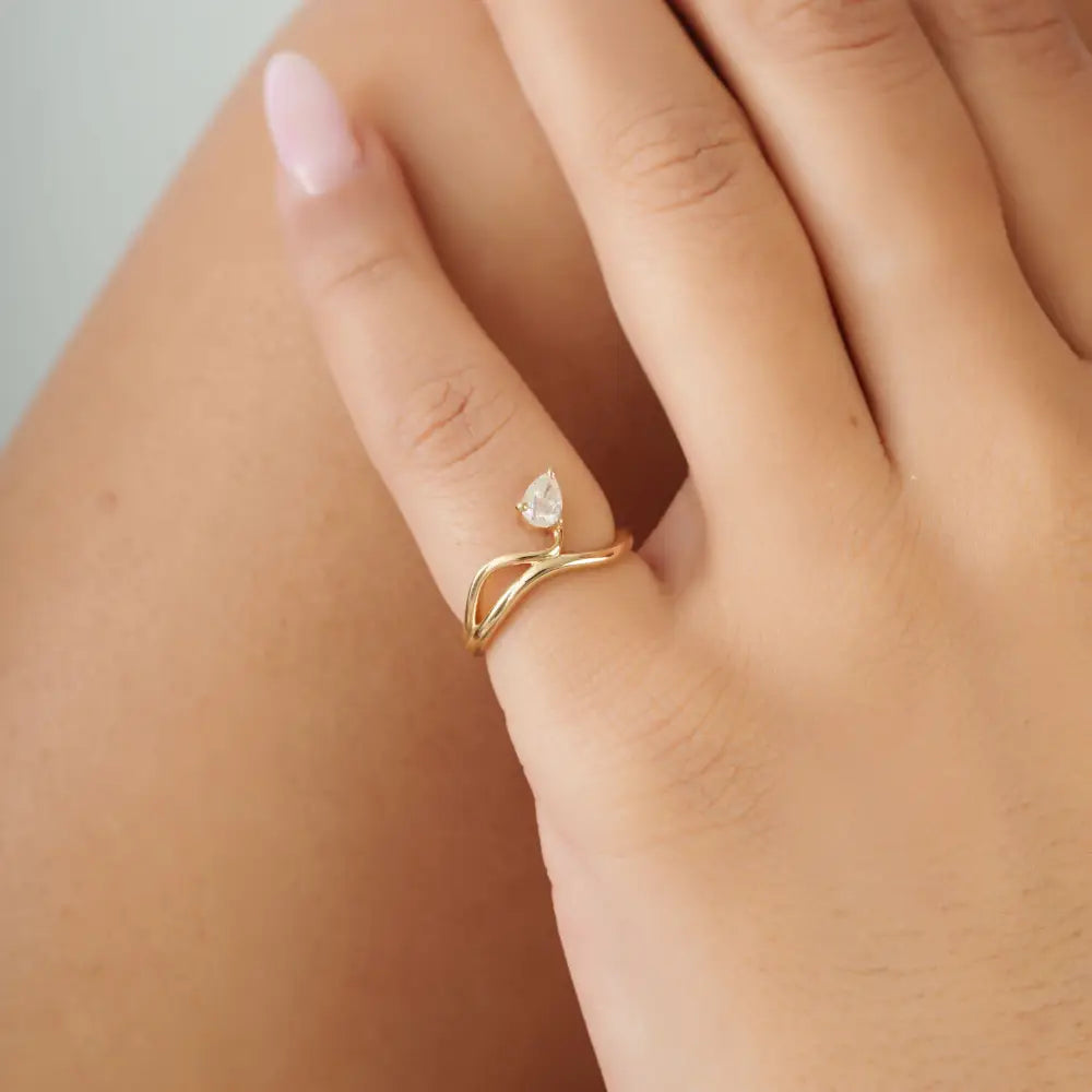 Unique Design 14K Yellow Gold Natural Diamond Double Wavy Band Pinky Ring For Girls