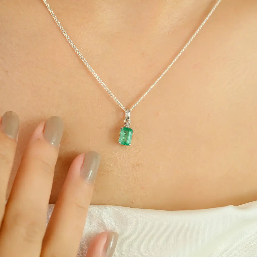 Real 14K White Gold 5x7mm Octagon Cut Emerald & Diamond Minimal Pendant For Unisex