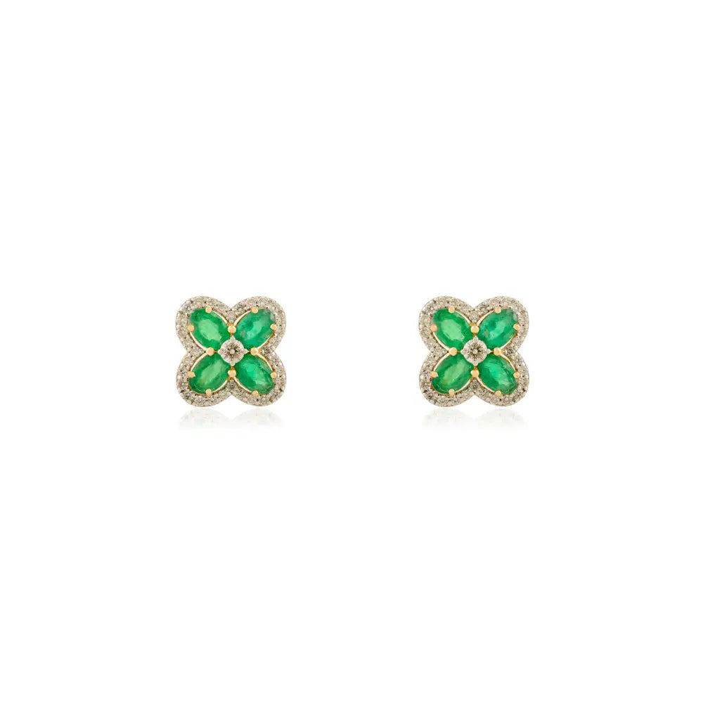 Emerald & Diamond Clover Shape Big Stud Earrings May Birthstone K18 Real Yellow Gold Jewelry