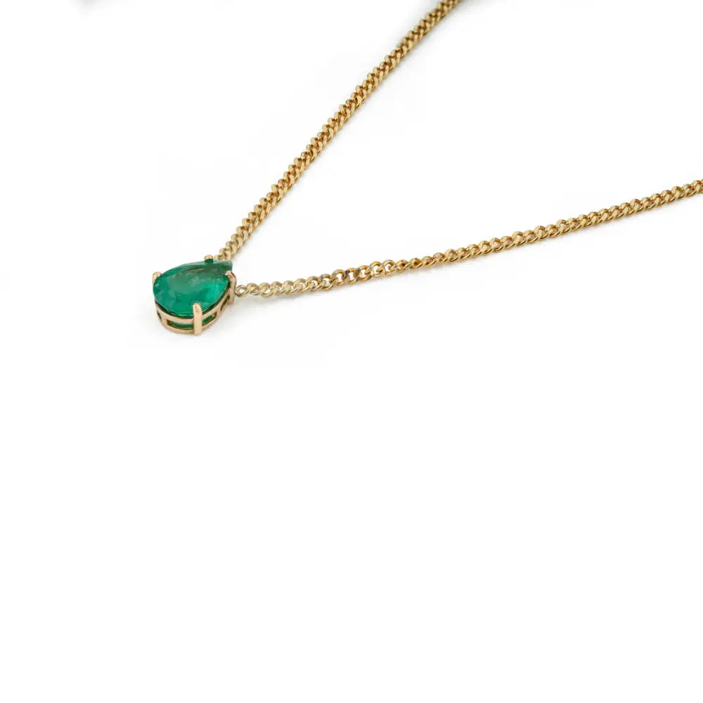 Handmade Natural Emerald Miami Cuban Chain Single Stone Pendant Necklace K14 Yellow Gold