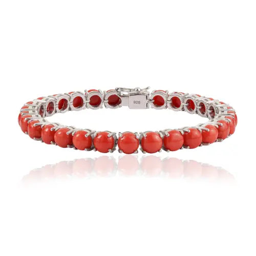 Beautiful 6 mm Round Natural Coral Gemstone 925 Sterling Silver Tennis Bracelet For Women's