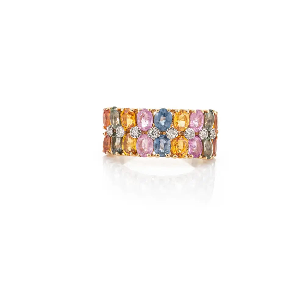 High Quality Product 18K Yellow Gold Multi Gemstone & Diamond Ring