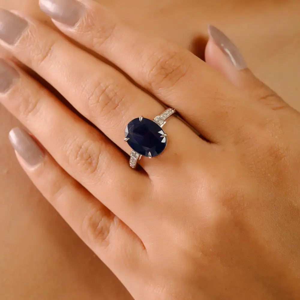 100% Genuine 5 Ct. Blue Sapphire Gemstone & Diamond Engagement Ring 18K Real Gold